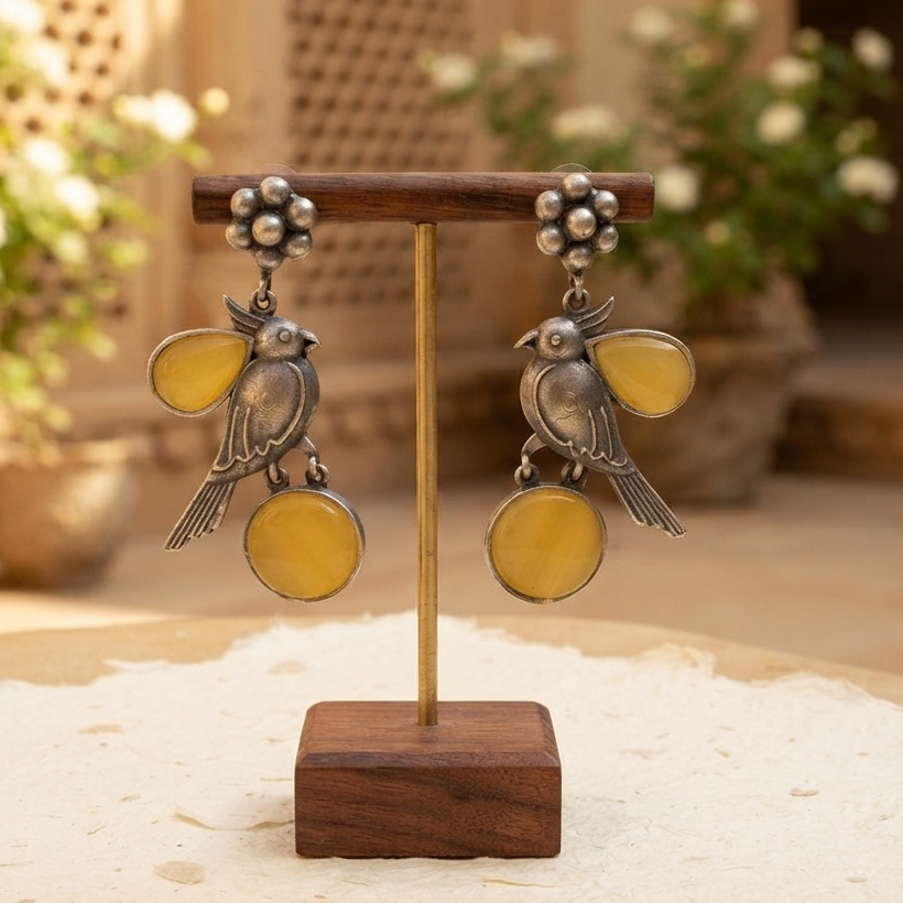 Monalisa stone flower studs earrings with bird