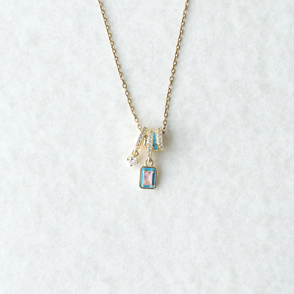 Minimalist Bule Enamel & CZ Drop Charm Pendant