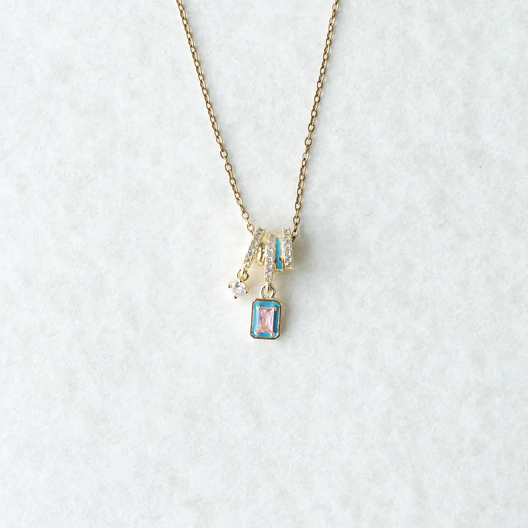 Minimalist Bule Enamel & CZ Drop Charm Pendant