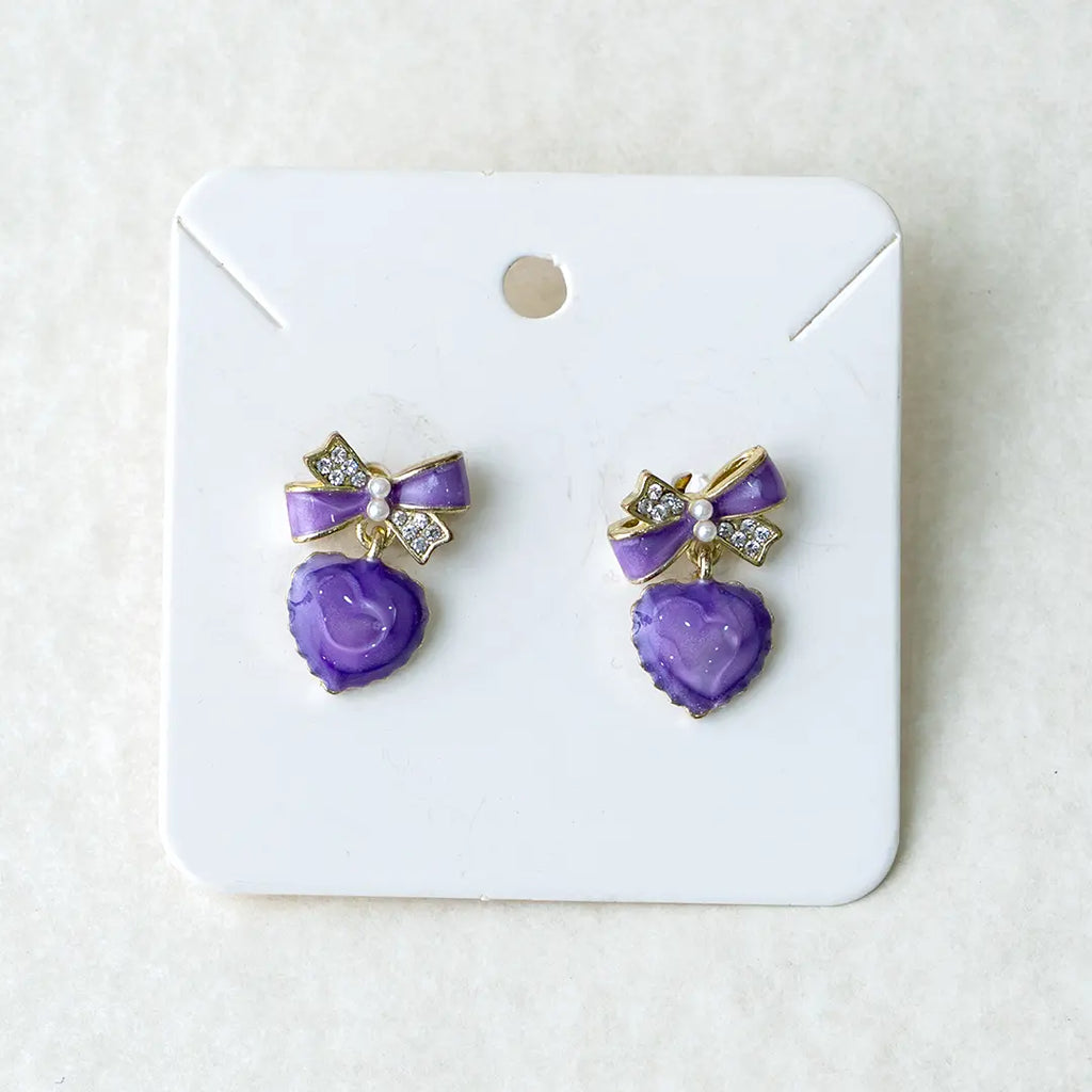 Lavender Heart Bow Earrings