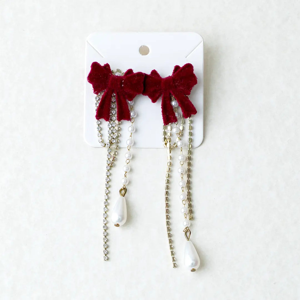 French Wine Red Velvet Bowknot With Pearl Tassel Earrings