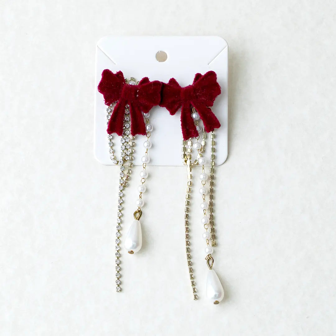 French Wine Red Velvet Bowknot With Pearl Tassel Earrings