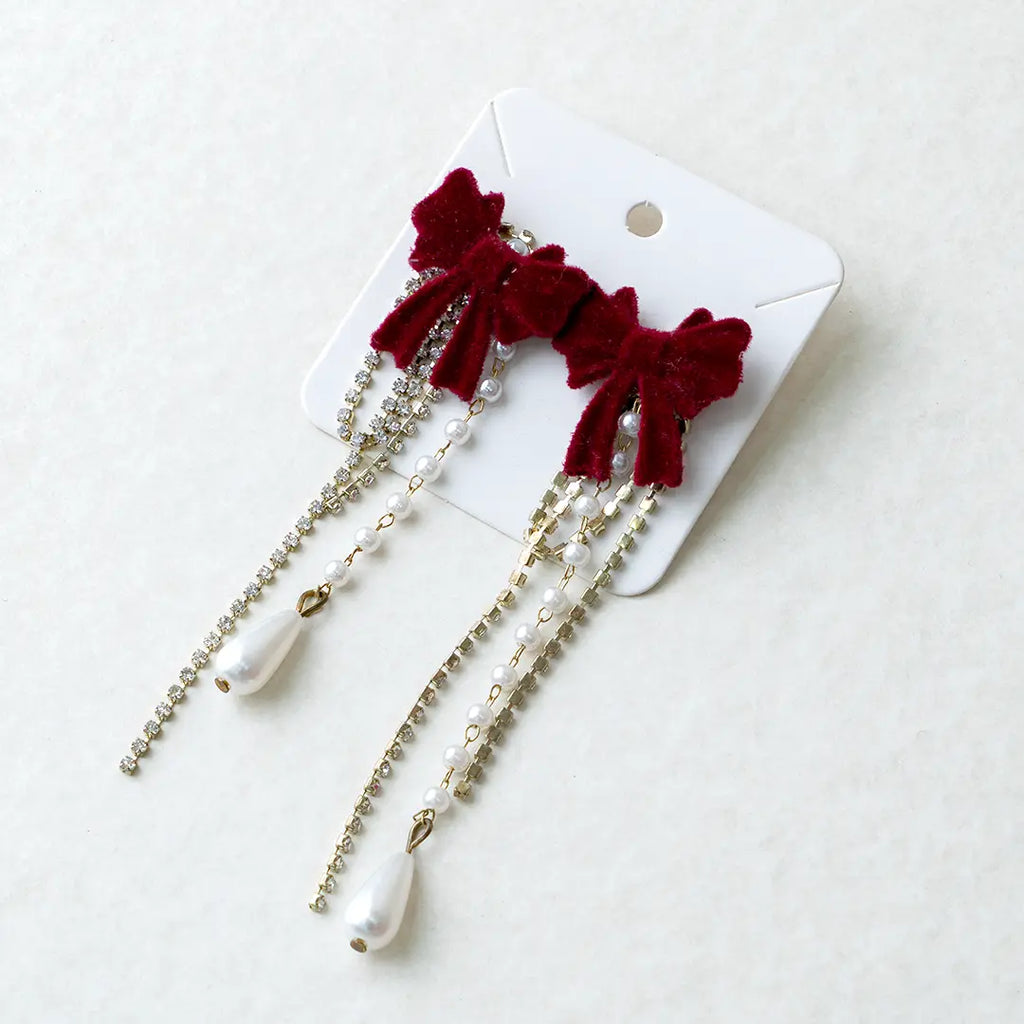 French Wine Red Velvet Bowknot With Pearl Tassel Earrings