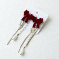 French Wine Red Velvet Bowknot With Pearl Tassel Earrings