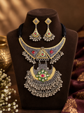 Antique-style dual-tone oxidized silver and gold-plated tribal choker necklace